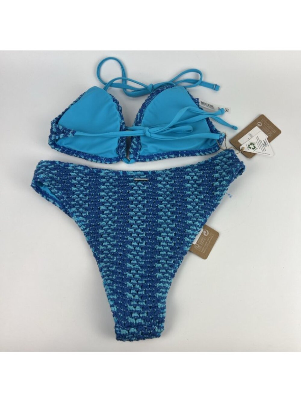 Berlook Crochet Bikini Set Large Teal Blue Striped Removable Cups NWT - Picture 2 of 5